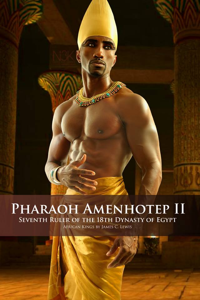 Amenhotep II [meaning Amun is Satisfied] (1427–1397 BC) was the seventh Pharaoh of the 18th dynasty of Egypt. Amenhotep inherited a vast kingdom from his father Thutmose III, and held it by means of a few military campaigns in Syria; however, he fought much less than his father, and his reign saw the effective cessation of hostilities between Egypt and Mitanni, the major kingdoms vying for power in Syria. His reign is usually dated from 1427 to 1401 BC. | Model: Kelvin Hamner | Stylist & Photographer: James C. Lewis — with Marlene William-Elisha.