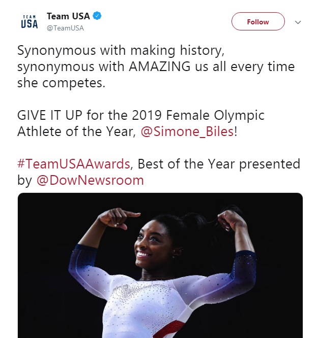 Tweet from Team USA naming Biles the Olympic Female Athlete Of The Year
