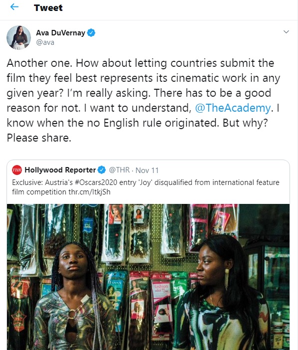 Ava Duvernay registers her displeasure on the disqualification of 'Joy' by The Academy.