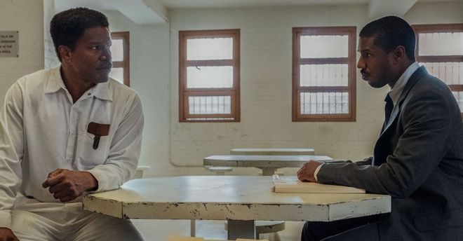 A scene from Just Just Mercy with Michael B. Jordan and Jamie Foxx