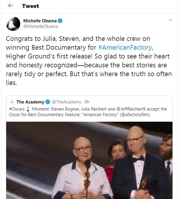 Michelle & Barack Obama's Higher Ground Productions Win First Oscar With American Factory